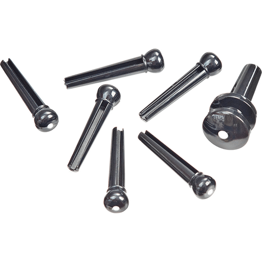D'Addario Injection-Moulded Bridge Pins w/End Pin Set of 7 – Ebony w/Ivory Dot