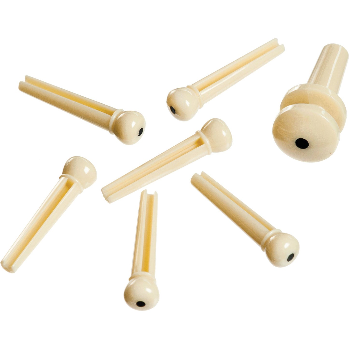 D'Addario Injected Molded Bridge Pins with End Pin, Set of 7, Ivory with Ebony Dot