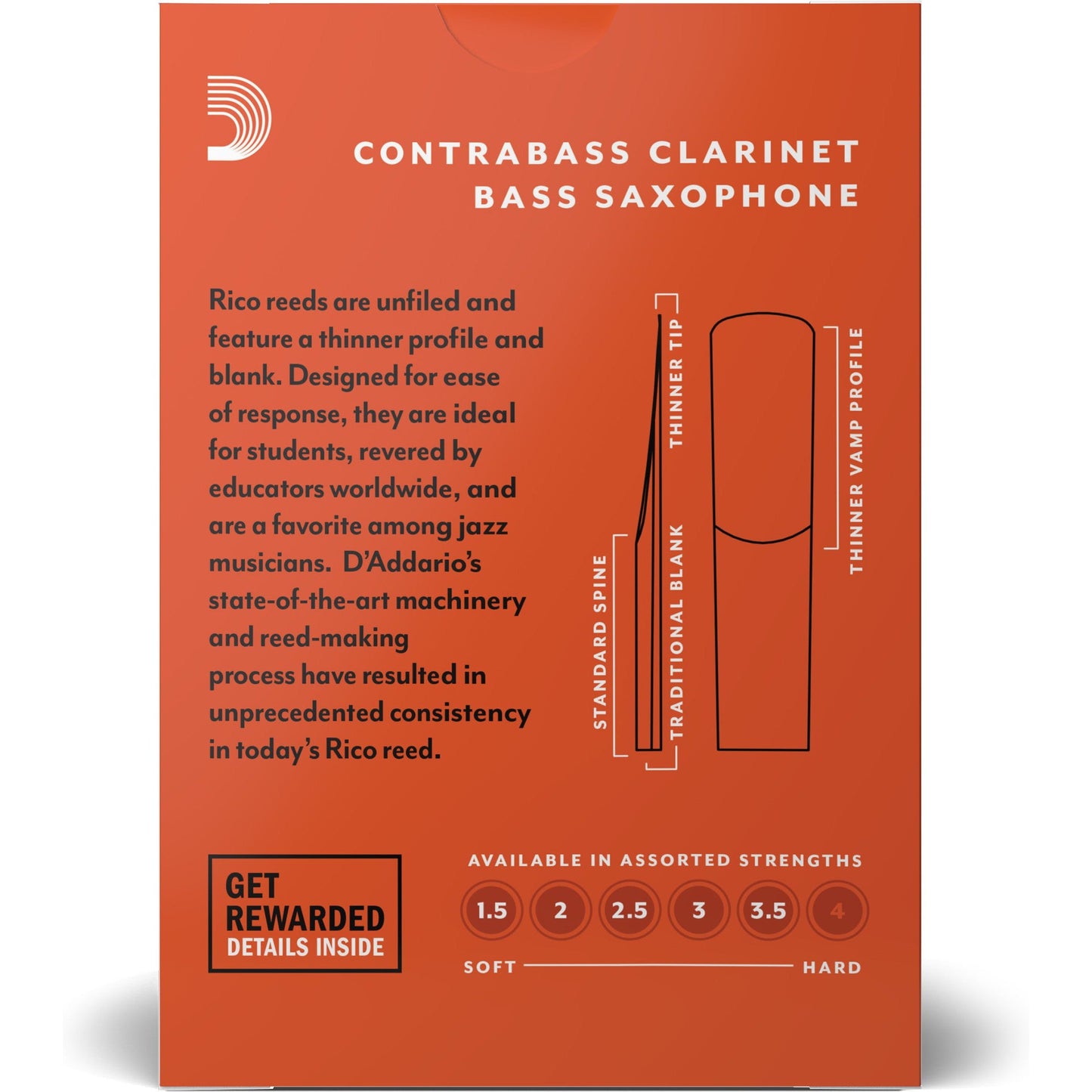 Rico by D'Addario Contra Clarinet/Bass Sax Reeds, Strength 1.5, 10-Pack