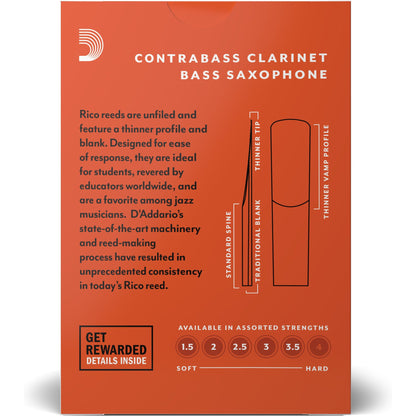 Rico by D'Addario Contra Clarinet/Bass Sax Reeds, Strength 1.5, 10-Pack