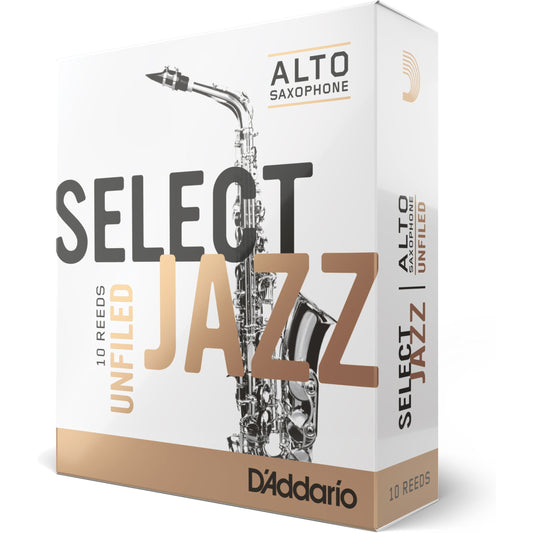 D'Addario Select Jazz Unfiled Alto Saxophone Reeds, Strength 2 Hard, 10-Pack