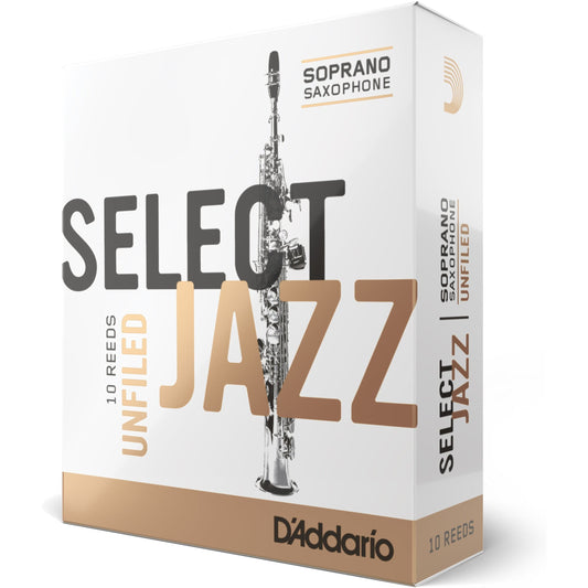 D'Addario Select Jazz Unfiled Soprano Saxophone Reeds, Strength 2 Hard, 10-Pack