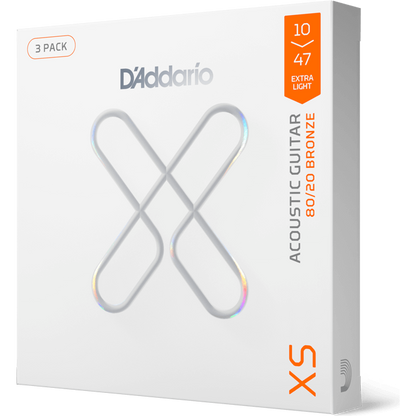 D'Addario XS 80/20 Bronze Coated Acoustic Guitar Strings – Extra Light – 10-47 (3 Pack)