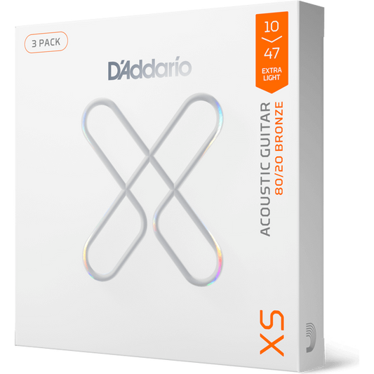 D'Addario XS 80/20 Bronze Coated Acoustic Guitar Strings – Extra Light – 10-47 (3 Pack)
