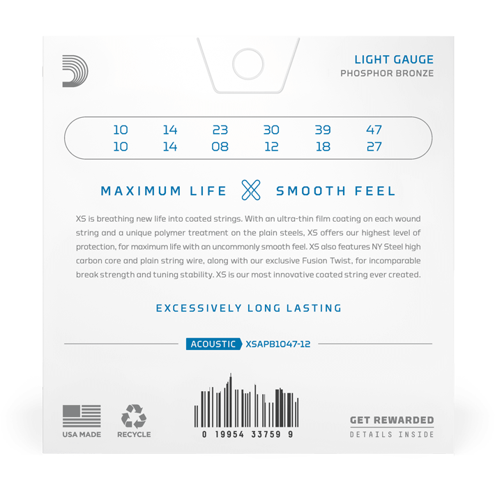 D'Addario XS Phosphor Bronze Coated Acoustic Guitar Strings – 12 String – Light – 10-47