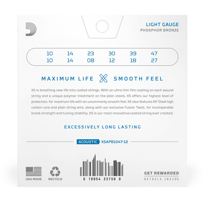 D'Addario XS Phosphor Bronze Coated Acoustic Guitar Strings – 12 String – Light – 10-47