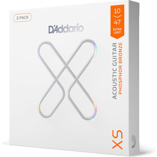 D'Addario XS Phosphor Bronze Coated Acoustic Guitar Strings – Extra Light – 10-47 (3 Pack)