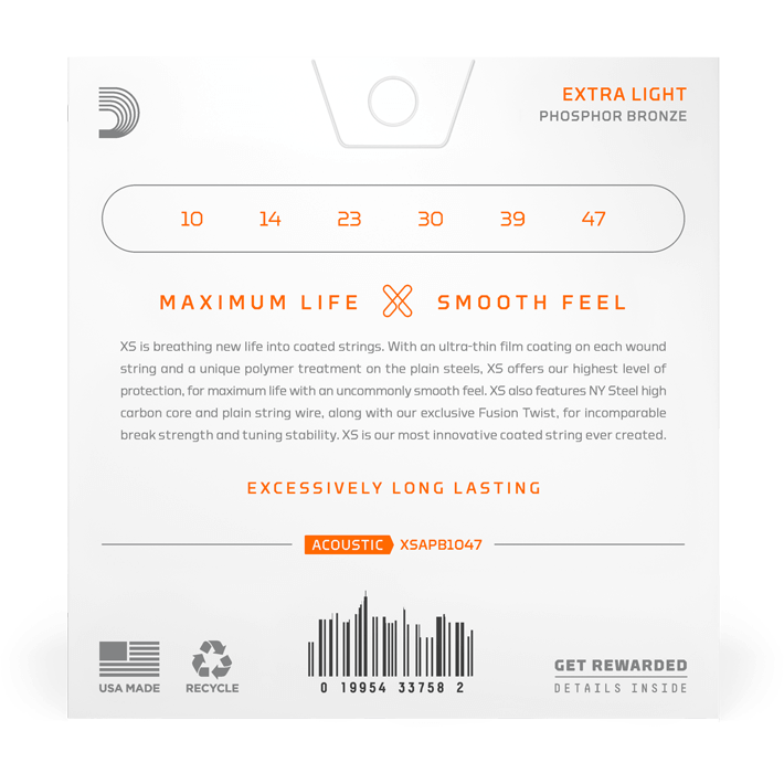 D'Addario XS Phosphor Bronze Coated Acoustic Guitar Strings – Extra Light – 10-47