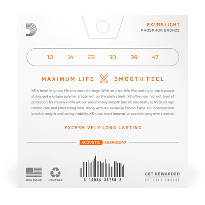 D'Addario XS Phosphor Bronze Coated Acoustic Guitar Strings – Extra Light – 10-47