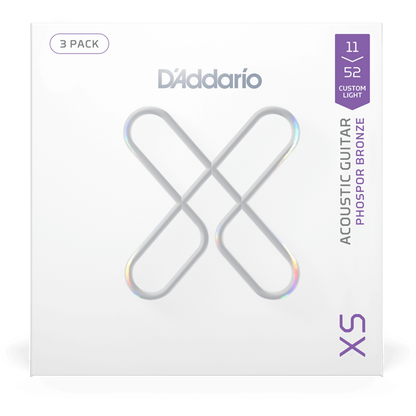D'Addario XS Phosphor Bronze Coated Acoustic Guitar Strings – Custom Light – 11-52 (3 Pack)