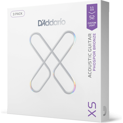 D'Addario XS Phosphor Bronze Coated Acoustic Guitar Strings – Custom Light – 11-52 (3 Pack)