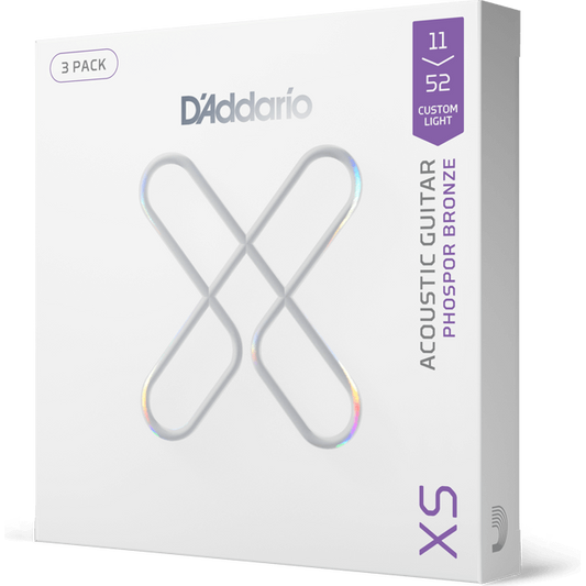 D'Addario XS Phosphor Bronze Coated Acoustic Guitar Strings – Custom Light – 11-52 (3 Pack)