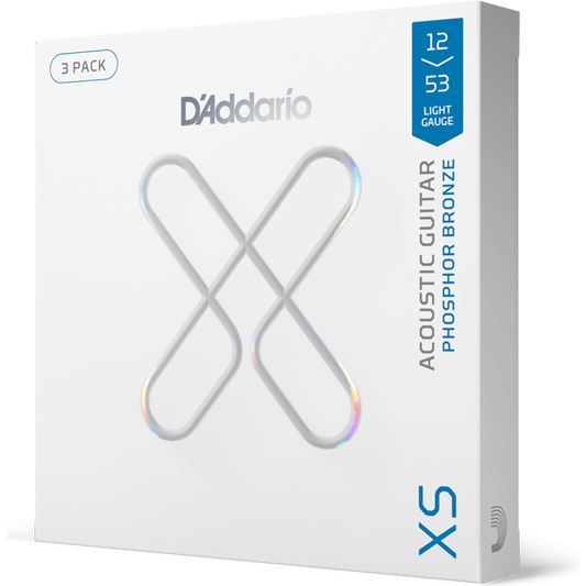 D'Addario XS Phosphor Bronze Coated Acoustic Guitar Strings – Light – 12-53 (3 Pack)