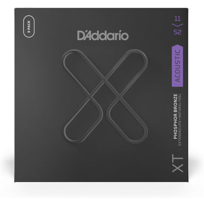 D'Addario 11-52 Custom Light, XT Phosphor Bronze Coated Acoustic Guitar Strings 3-Pack