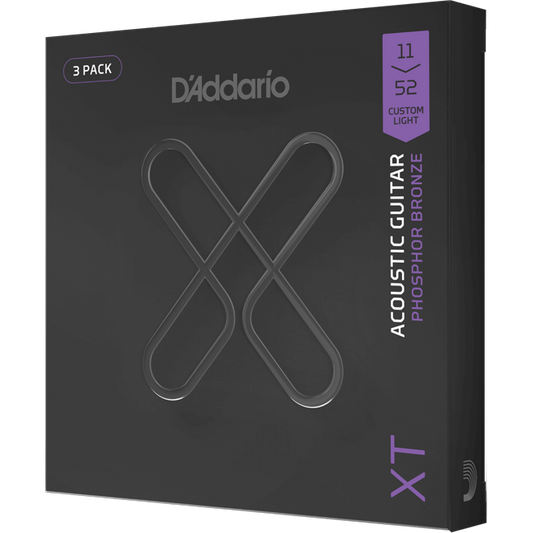 D'Addario XT Phosphor Bronze Coated Acoustic Guitar Strings – Custom Light – 11-52 (3 Pack)