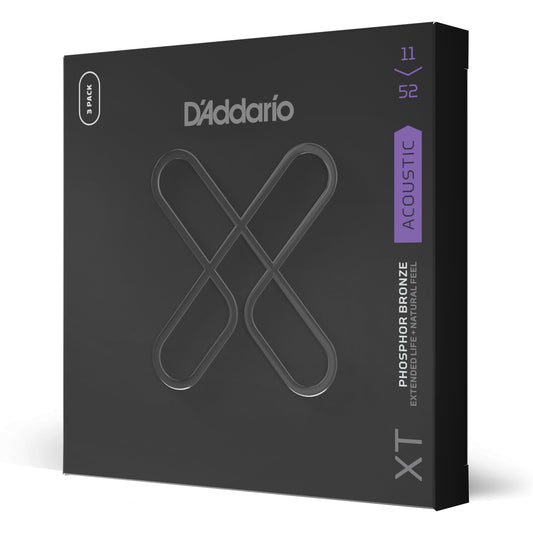 D'Addario 11-52 Custom Light, XT Phosphor Bronze Coated Acoustic Guitar Strings 3-Pack