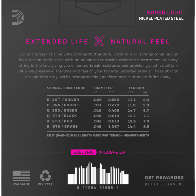 D'Addario XT Electric Nickel-Plated Steel – Super Light – 9-42 (3 Pack)