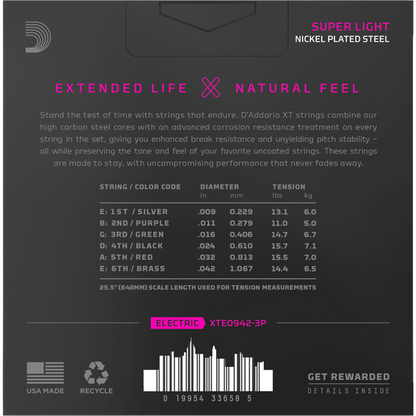 D'Addario XT Electric Nickel-Plated Steel – Super Light – 9-42 (3 Pack)