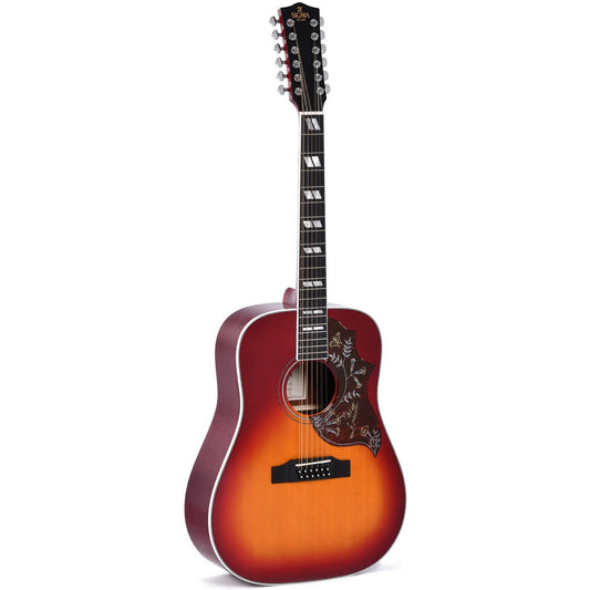 Sigma DM12-SG5 Dreadnought Acoustic Guitar 12 String Solid Sitka Spruce Top - Mahogany Back and Sides Vintage Cherry Sunburst - Hummingbird - Gloss