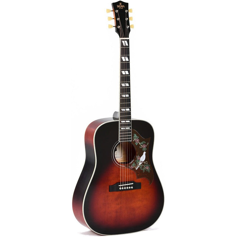 Sigma DA-SG7 Dreadnought Acoustic Guitar Solid Sitka Spruce Top - Flamed Maple Back and Sides - Dark Vintage Sunburst - Dove - Gloss