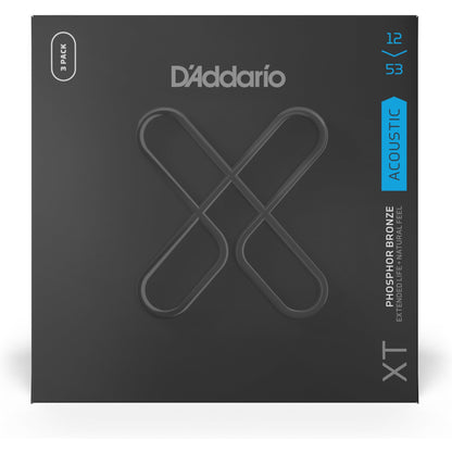 D'Addario XTAPB1253 XT Phosphor Bronze Acoustic Guitar Strings, Light, 12-53, 3 Sets